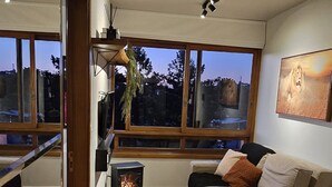 Ett modernt vardagsrum med en soffa, en liten svart värmare och ett stort fönster med utsikt över träd och en solnedgång.