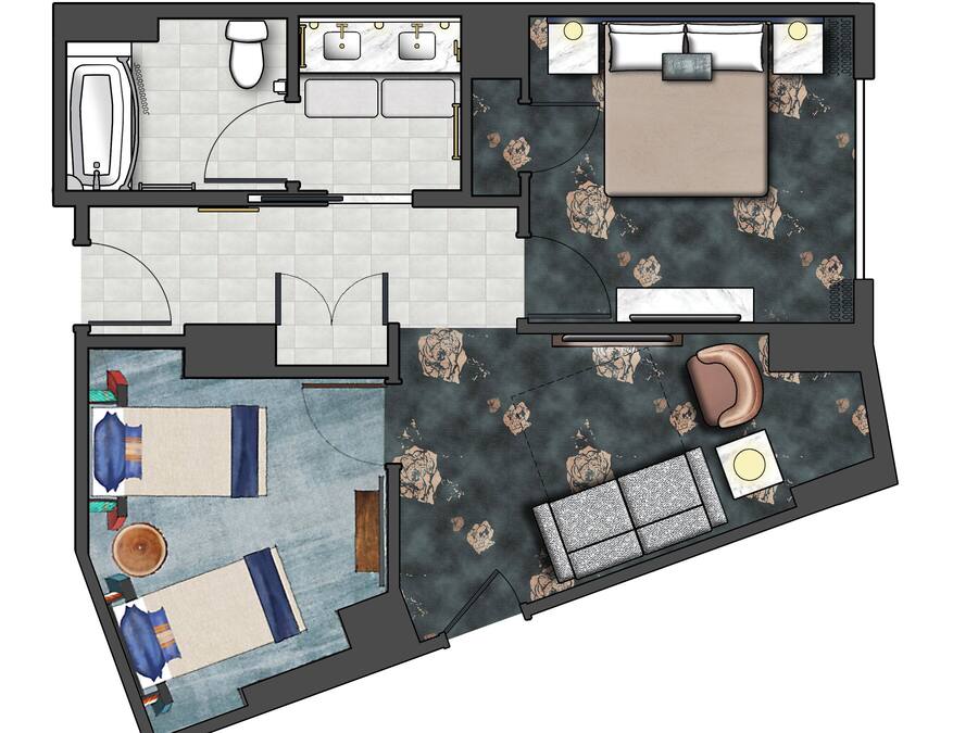 A hotel room layout with a bathroom, a living area with a sofa and a dining table, and a bedroom with two beds.
