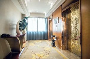 Un hall de hotel con una recepción, una planta grande en maceta, un tapete decorativo y una puerta de madera tradicional.