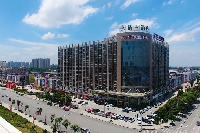 Hotel de varios pisos con fachada moderna de vidrio, situado en una intersección urbana con estacionamiento visible y edificios circundantes.