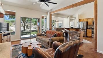 Smart TV, chimenea, libros y monitor de computadora