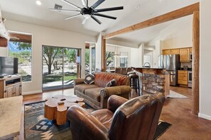 Smart TV, fireplace, books, computer monitors