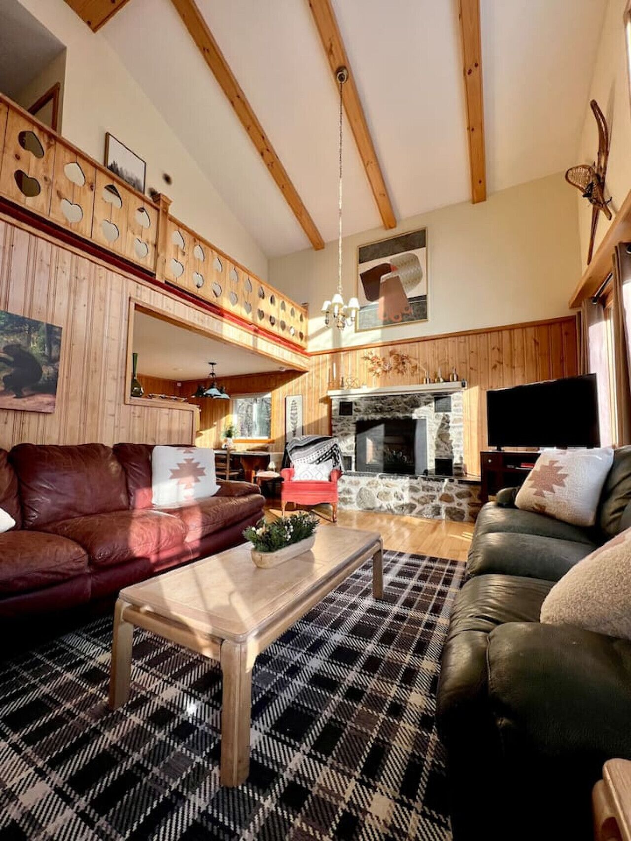 Smart TV, fireplace, books, offices