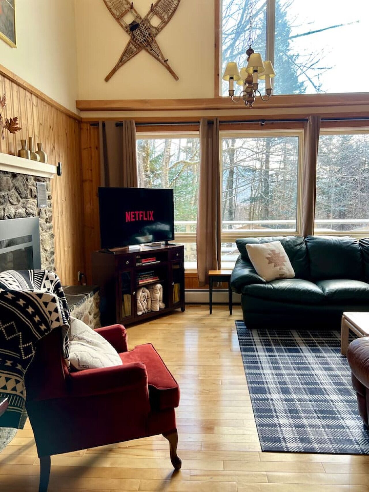Smart TV, fireplace, books, offices