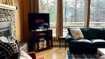Smart TV, fireplace, books, offices