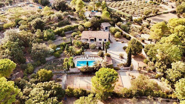 Vista aérea de una propiedad con piscina, zona de patio y jardín con diversos árboles y arbustos.