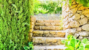 Una escalera de piedra que sube hacia un muro de piedra, rodeada de abundante follaje y plantas.