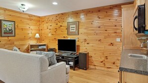 Un salon confortable avec un canapé, un téléviseur et un meuble de divertissement, des murs en bois et un coin cuisine équipé d’un évier et de placards.