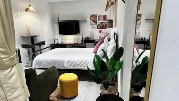 Una habitación de hotel pequeña con cama, un escritorio, una silla, un espejo y una planta en maceta.