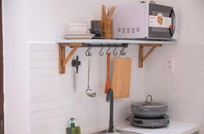 Fridge, microwave, stovetop, electric kettle