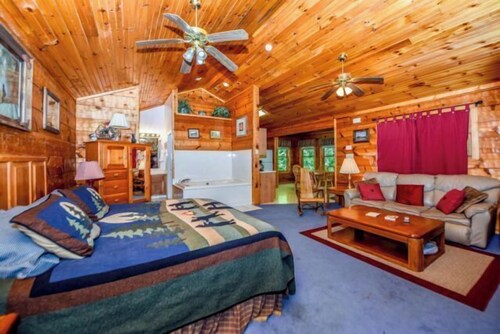 Cozy studio cabin with a nice jetted tub and a wood burning fireplace