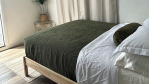 Ein Schlafzimmer mit einem Bett, Vorhängen, einem Fernseher, einer Pflanze und einem kleinen Tisch.