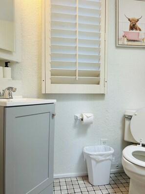 Un baño con inodoro, un cubo de basura, un rollo de papel higiénico y un armario.