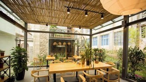 A spacious indoor dining area with a large wooden table and chairs, surrounded by potted plants and large windows offering views of the outside. - Manyue Wangjiayuan Hostel (Dali City)