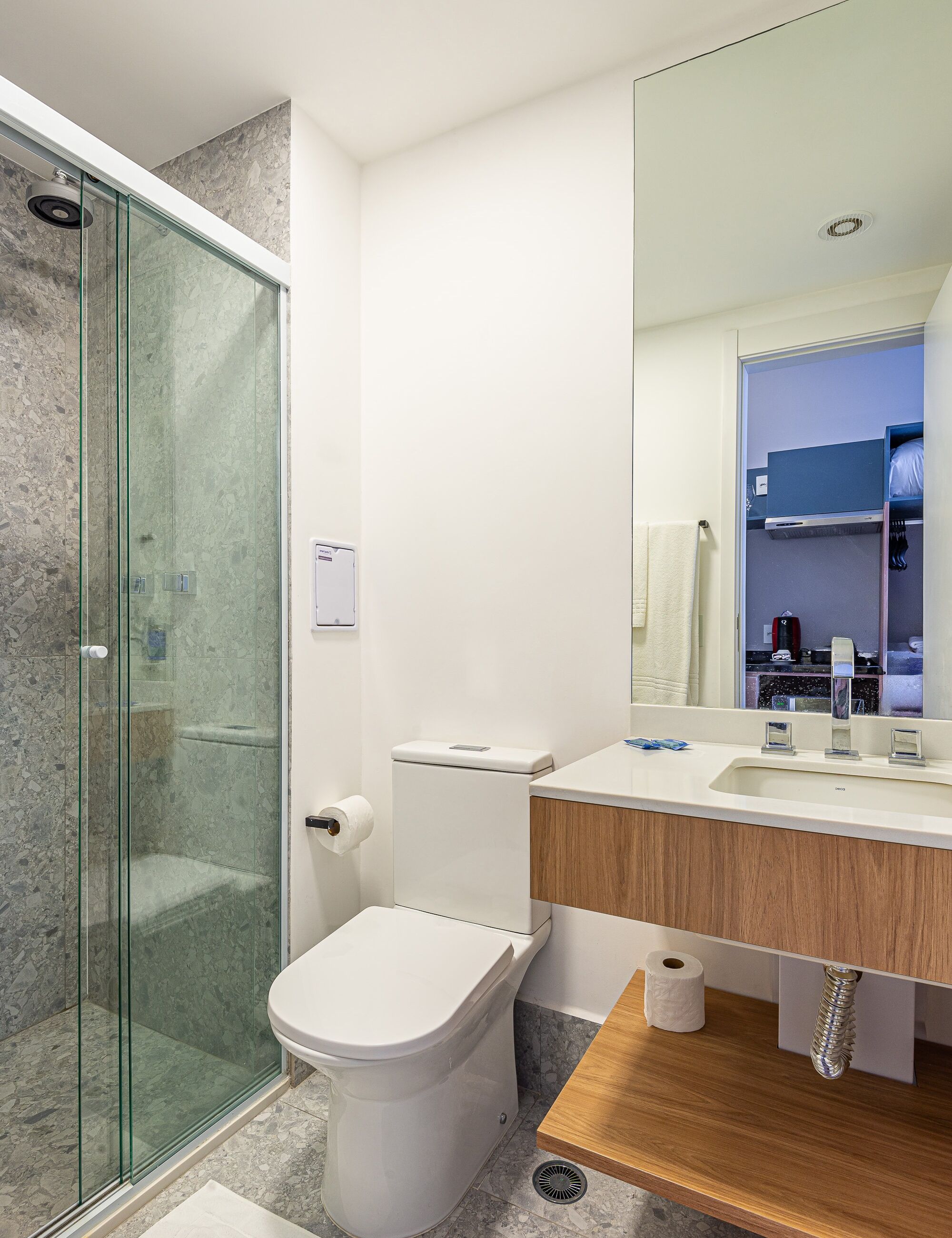 A modern bathroom with a glass shower enclosure, a toilet, and a vanity with a mirror.