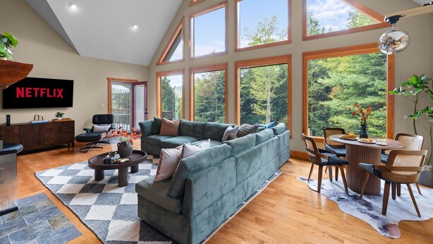 Luxury Cabin, 5 Bedrooms, Sauna, Mountain View | Living area | 50-inch Smart TV with digital channels, fireplace, streaming services - Luxury Chalet, Firepit, Sauna, Pet Friendly, 5 mins to Windham Mtn resort (Windham)