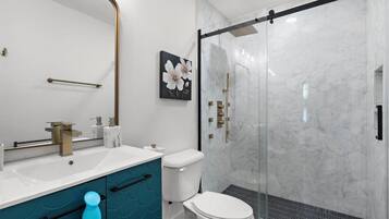 Shower, hair dryer, towels, soap