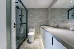 Chuveiro, secador de cabelo, toalhas de banho, sabonete