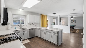 A modern kitchen with a gas stove, white cabinets, a dishwasher, and a window with blinds.