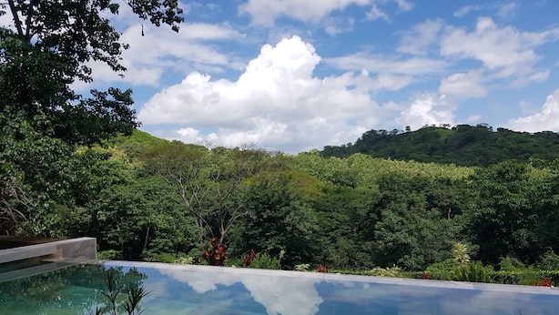 A clear pool with a view of lush greenery and hills in the background. - Lodge for 6 people. Comprising 3 bungalows with swimming pool.   (Pinilla)