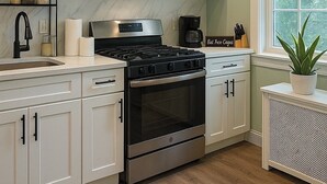 A modern kitchen with white cabinets, a stainless steel stove, a microwave, and a window with a view of greenery.