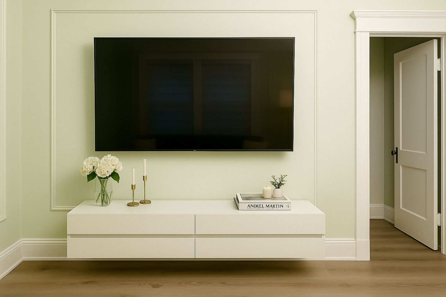Un salón con un televisor de pantalla plana montado en la pared, una consola blanca con un libro titulado 'ANDREW MARTIN', un florero con flores y dos velas.