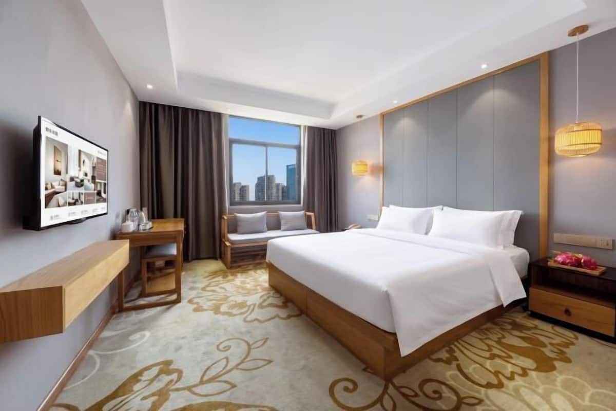A hotel room with a bed, a desk, a TV, a window with curtains, and a city view.