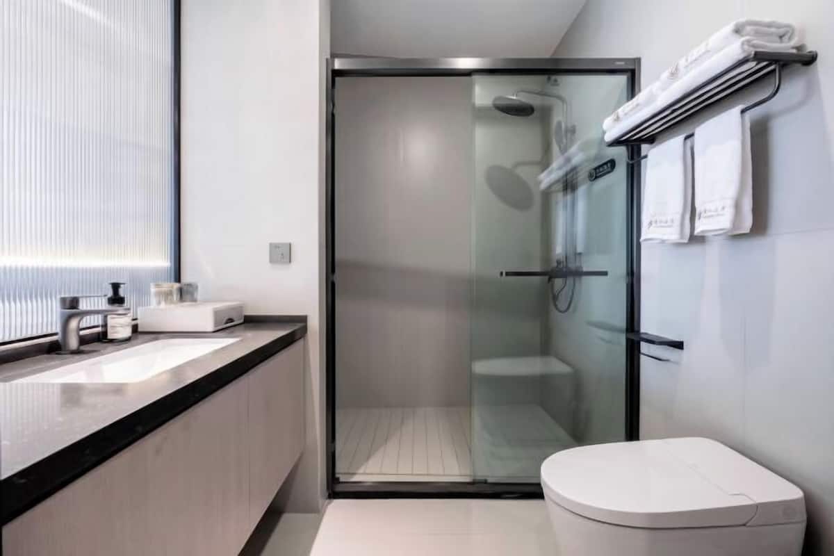 A modern bathroom with a glass shower enclosure, a white toilet, and a sink with a black countertop.