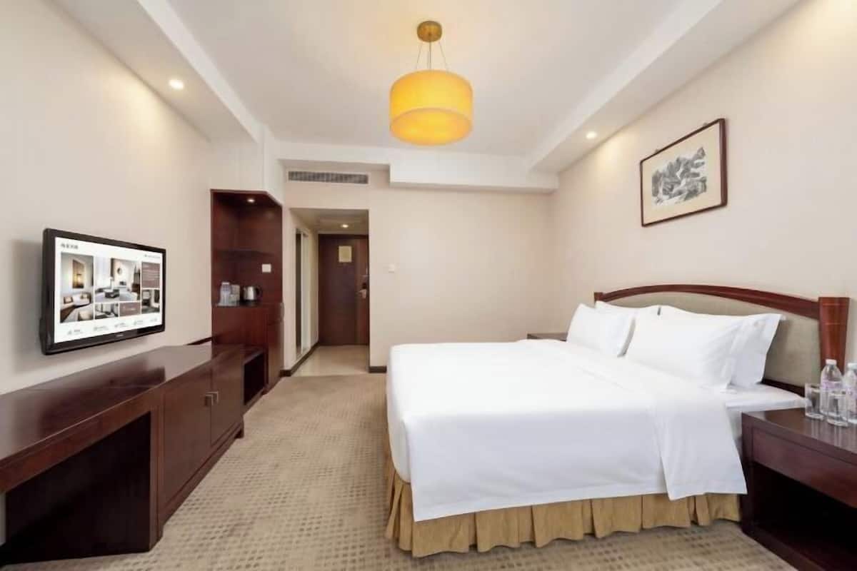 A hotel room with a bed, a television, a desk, and a framed picture on the wall.
