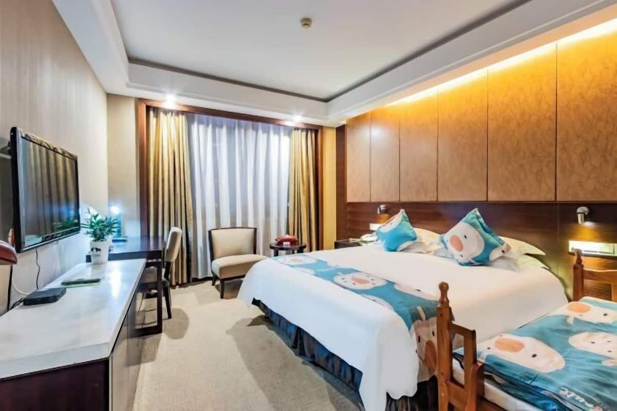 A hotel room with a bed, a desk, a chair, a TV, and curtains.