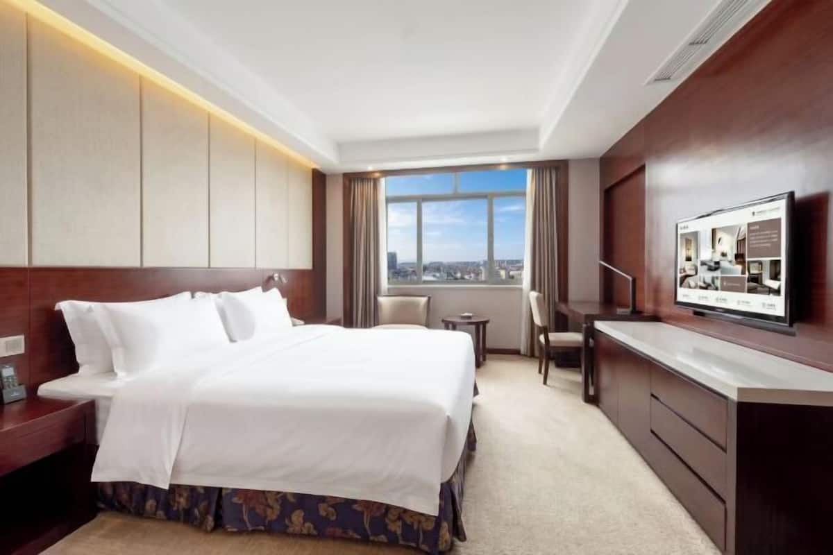 A hotel room with a bed, a desk, a chair, a television, and a window with a city view.