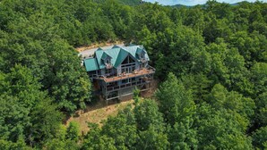 Un'ampia casa a più piani circondata da una fitta foresta, con un tetto verde ben visibile e numerosi balconi.