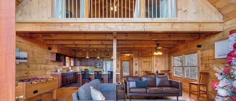 TV, fireplace, video games, table football