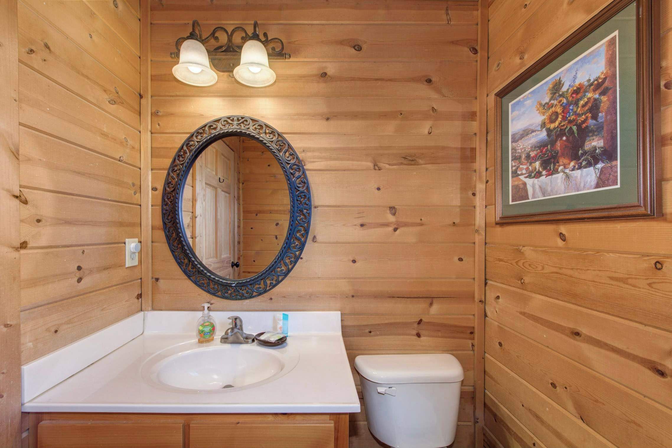 Baño de cabaña de madera con un lavamanos blanco, dos lámparas sobre el espejo y un cuadro en la pared.
