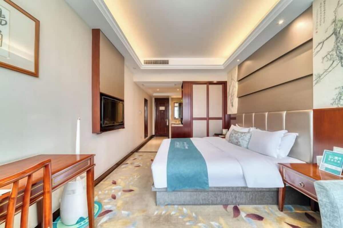 Habitación de hotel con una cama grande, un escritorio, una silla, un televisor y la puerta del baño.