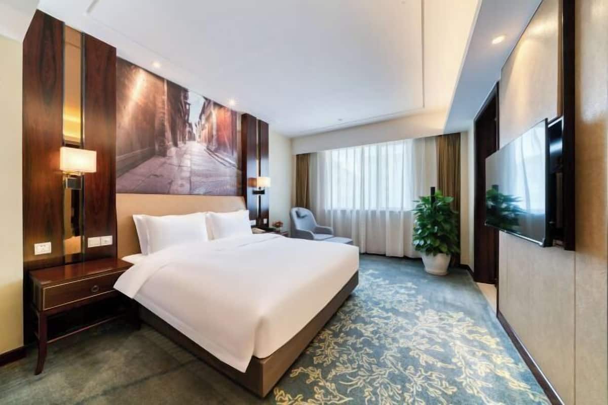 Habitación de hotel con una cama grande, un escritorio, una silla, un televisor y una ventana con cortinas.