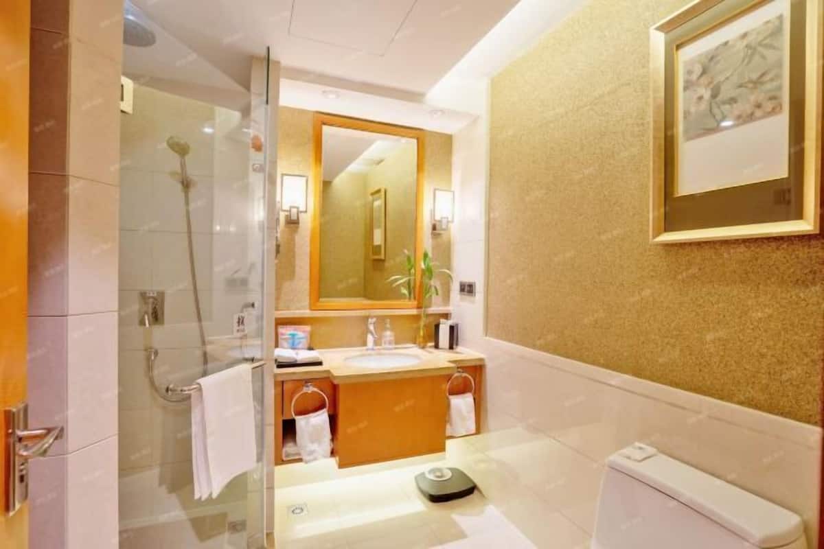 Un baño moderno con cabina de ducha de vidrio, un lavabo con tocador y un inodoro.