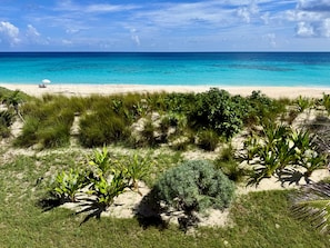 A beach with clear turquoise water, sandy shore, and dense green vegetation.