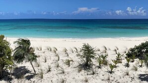 Ein Strand mit weißem Sand, klarem türkisblauem Wasser und spärlicher Vegetation.