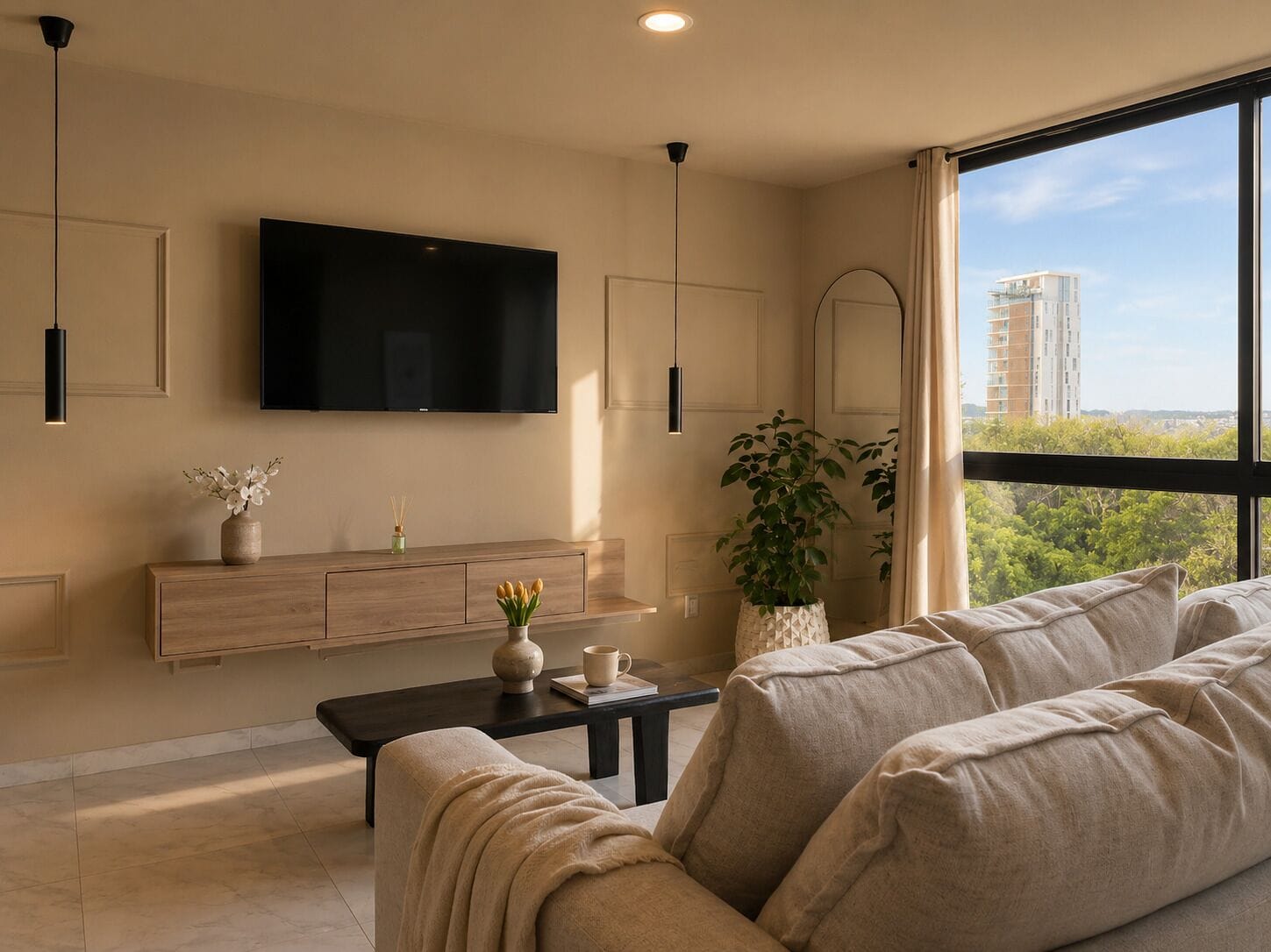 A modern living room with a large TV, a wooden console, a coffee table, a sofa, and a large window with a view of buildings and trees.
