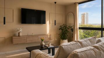 A modern living room with a large TV, a wooden console, a coffee table, a sofa, and a large window with a view of buildings and trees.