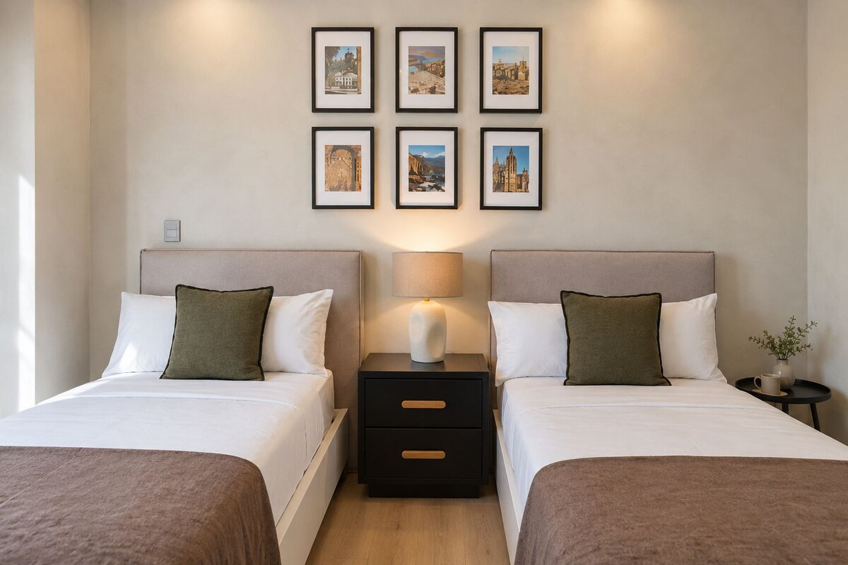 Habitació d'hotel amb dos llits, una tauleta de nit amb una làmpada i una paret amb sis quadres.