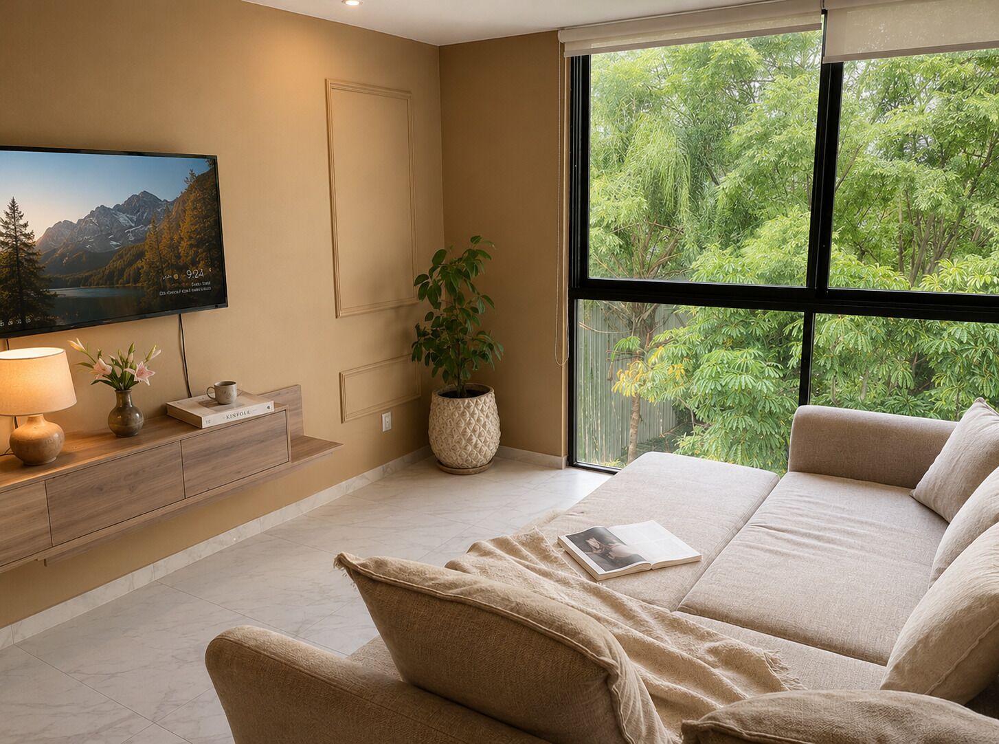 Appartement Confort | Coin séjour | TV connectée de 60 pouces avec chaînes numériques, Netflix, Hulu