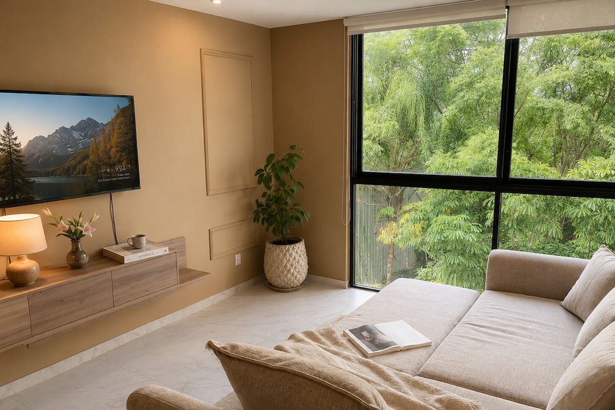 Un dormitorio moderno con un ventanal grande, un televisor de pantalla plana, una mesita de noche con lámpara y una planta en maceta.