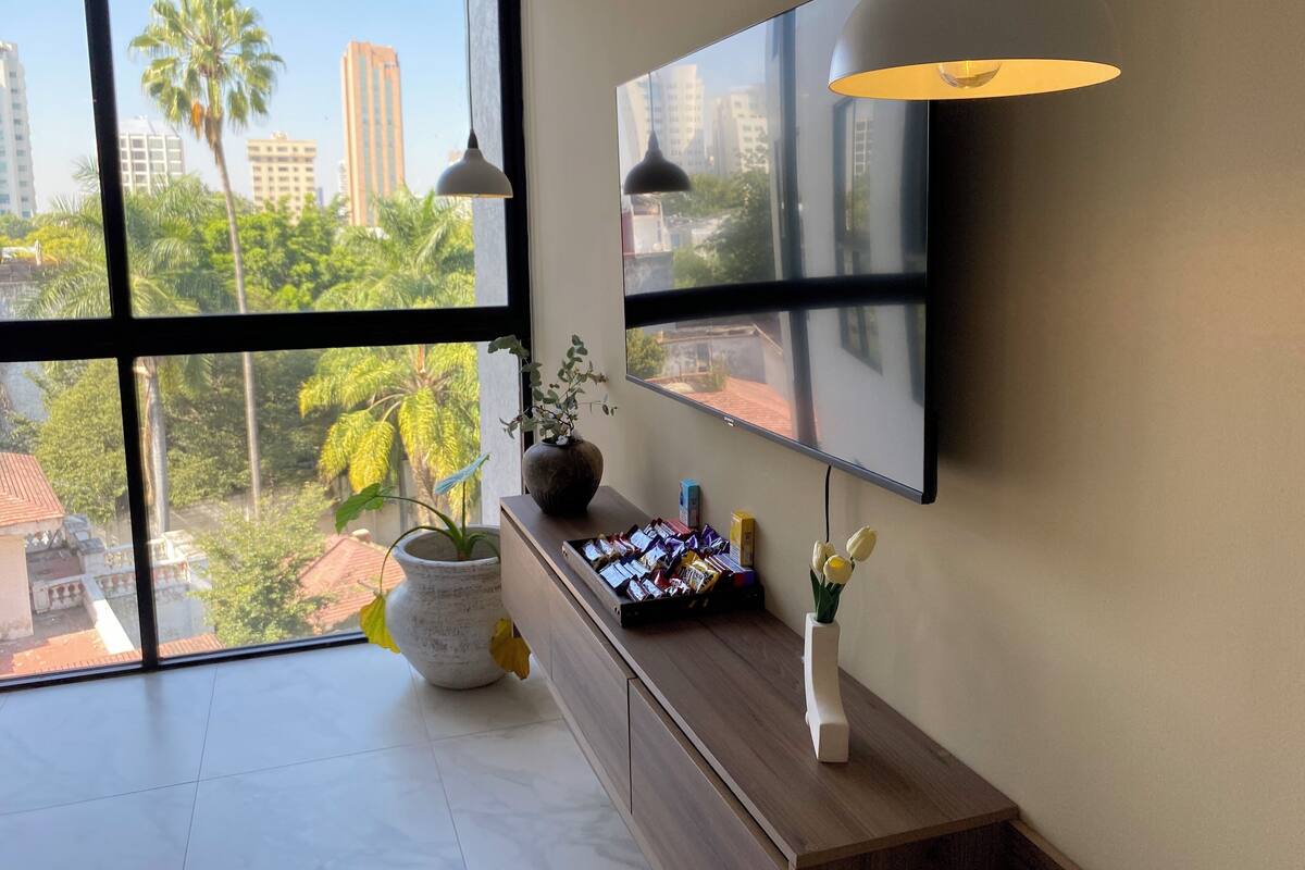 Una habitación moderna con un ventanal grande, un televisor de pantalla plana, una mesita de madera y una planta en maceta.