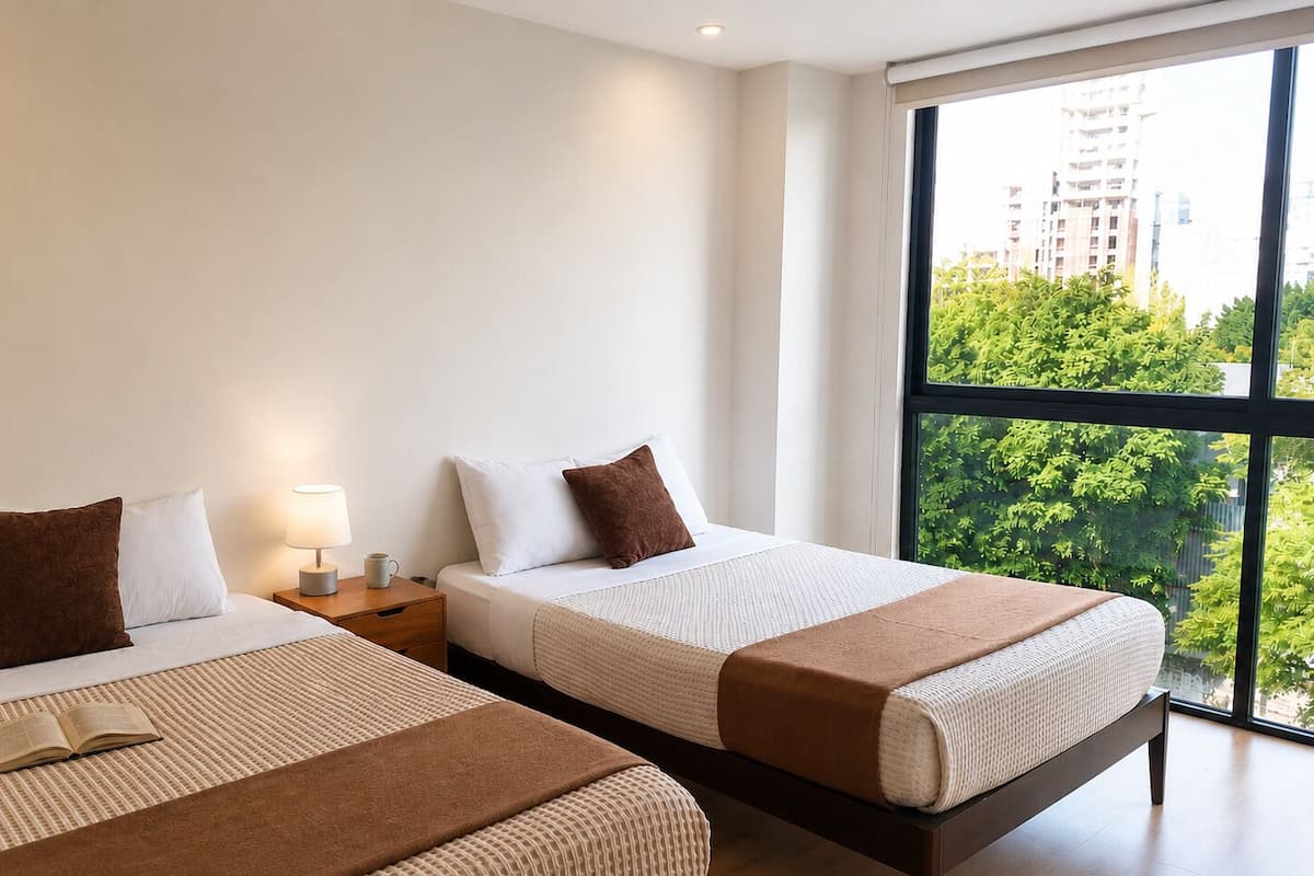 Habitación de hotel con dos camas, una mesita de noche con lámpara, y un amplio ventanal con vistas a edificios y árboles.