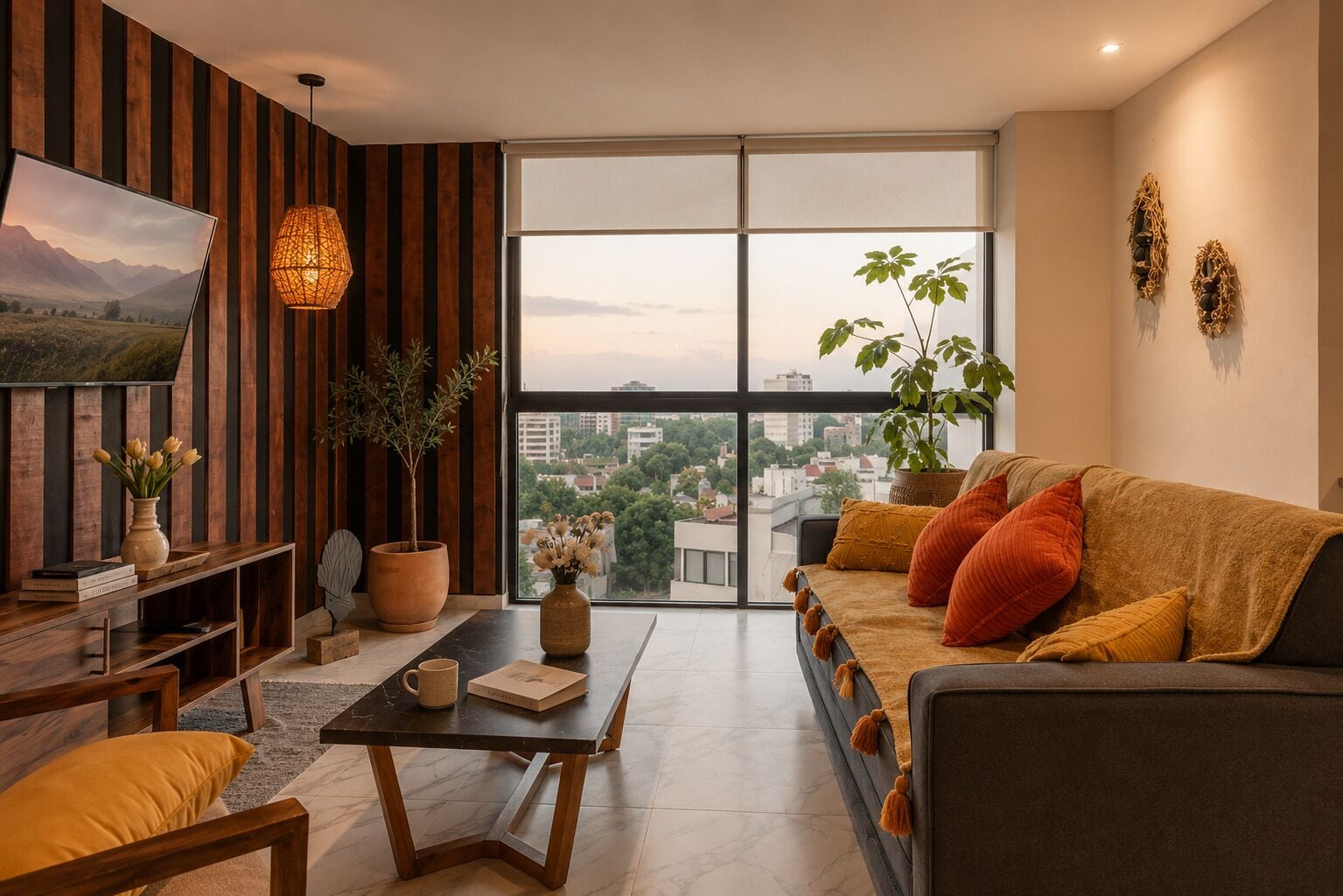 Un salon moderne avec une grande fenêtre, un canapé, une table basse et des plantes décoratives.