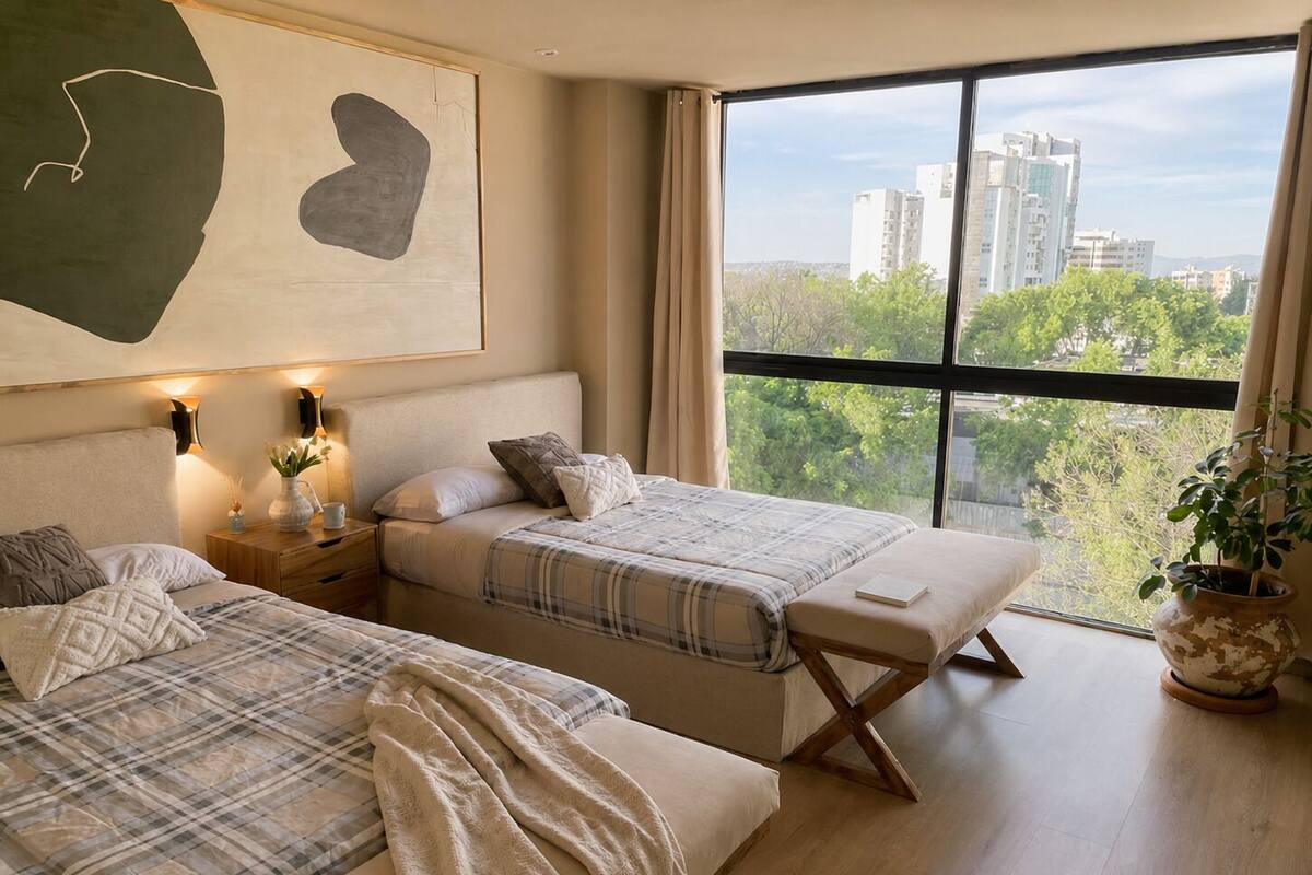 Un dormitorio moderno con dos camas, un ventanal y vistas a edificios.