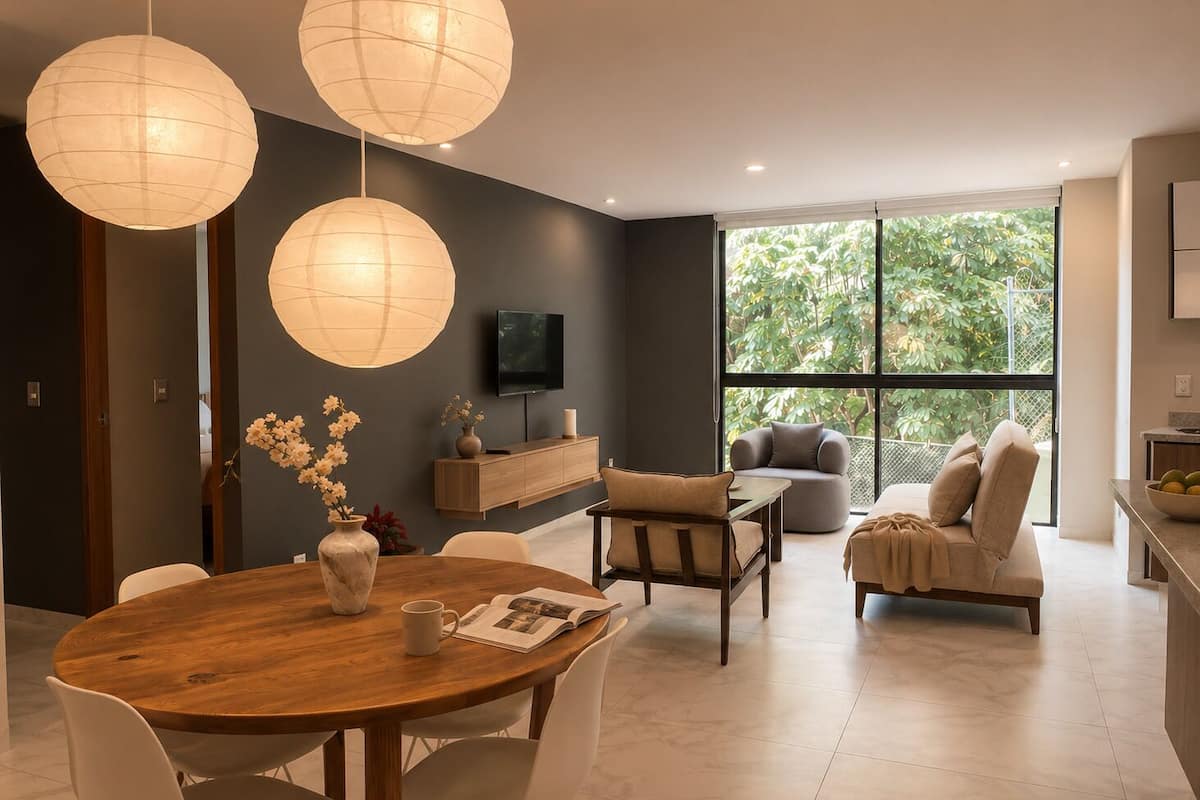 Un comedor moderno con una mesa de madera, sillas blancas y dos grandes faroles de papel.