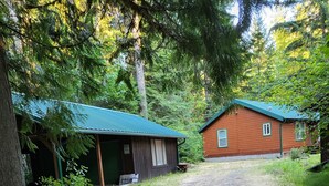 A rustic cabin with a gravel driveway leading to a wooden deck. - Private enchanting cabin on the river  (McKenzie Bridge)